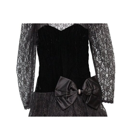 Vintage 80s Dress Size 5 Lace Black Velvet Goth Party Prom Steppin Out USA Bow - Picture 3 of 14